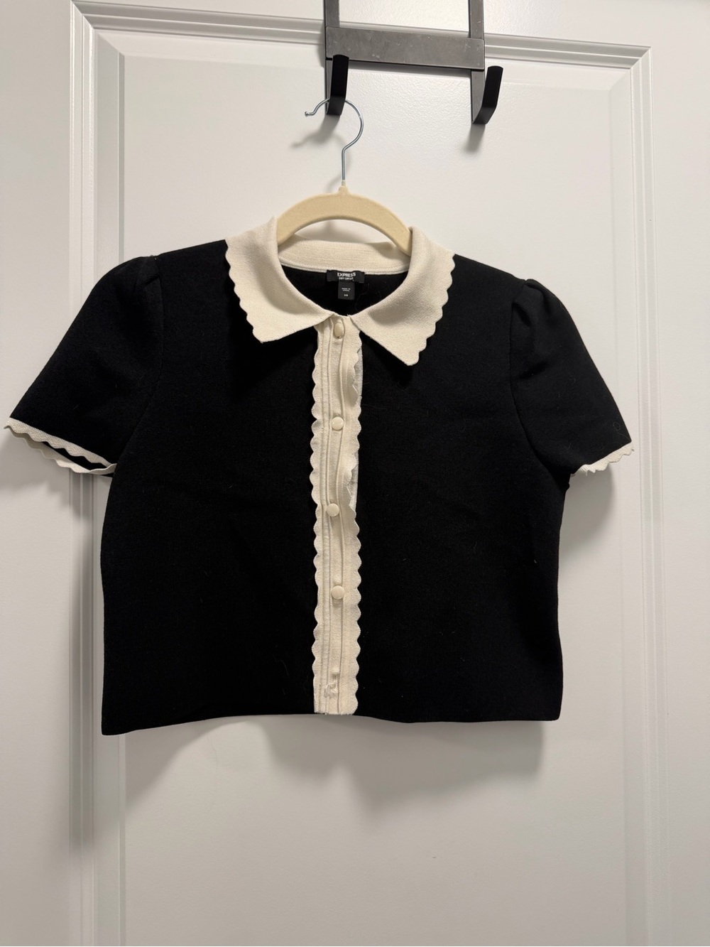 Express Black Knit Top with Cream Scalloped Collar